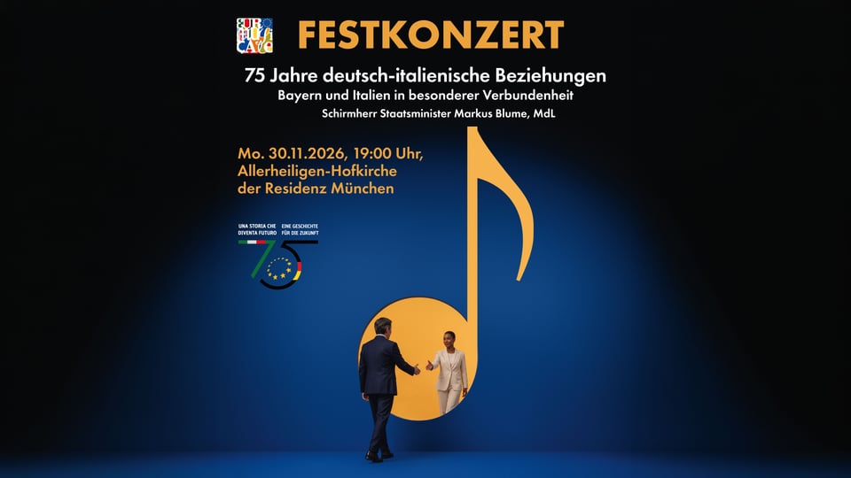 Plakat zum Festkonzert 75 Jahre deutsch-italienische Beziehungen mit großer Musiknote auf blauem Hintergrund