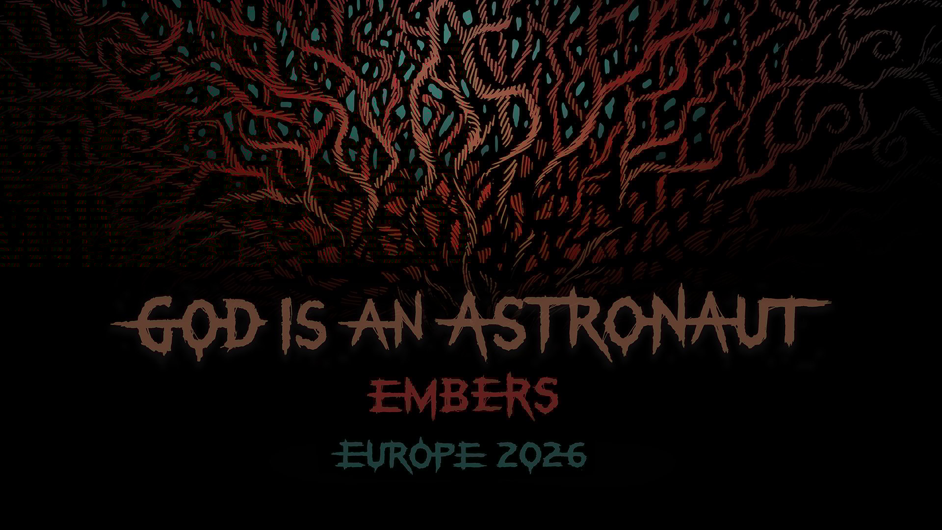 Das Plakat für das Event von GOD IS AN ASTRONAUT mit einer Illustration und Typografie auf schwarzem Hintergrund