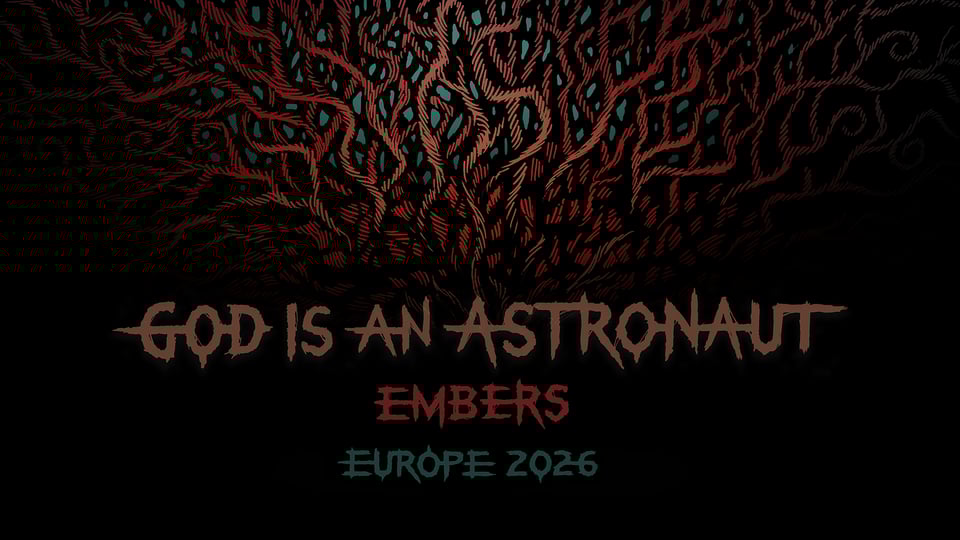 Das Plakat für das Event von GOD IS AN ASTRONAUT mit einer Illustration und Typografie auf schwarzem Hintergrund