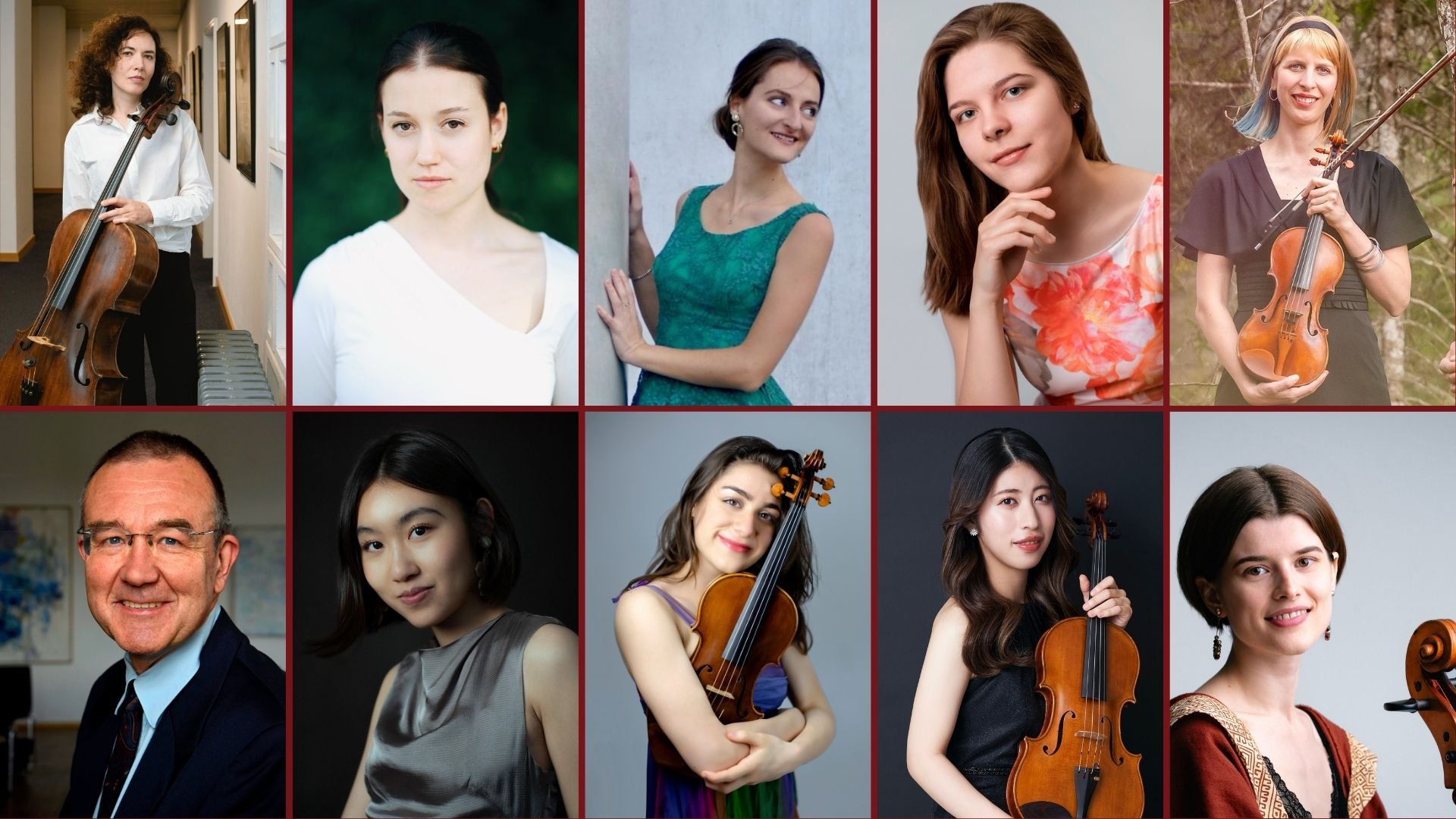 Collage mit Porträts junger Musikerinnen und Musiker, teilweise mit Streichinstrumenten, vor unterschiedlichen Hintergründen.