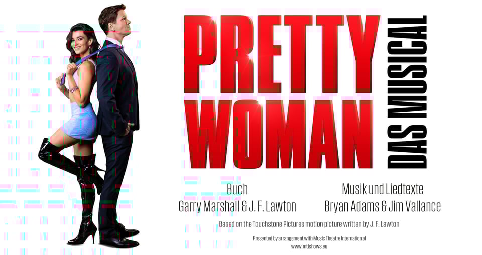 Plakat von "Pretty Woman", ein roter Schriftzug des Titels, daneben eine Mann und eine Frau, die Rücken an Rücken stehen, wobei die Frau die Krawatte des Mannes in der Hand hält.