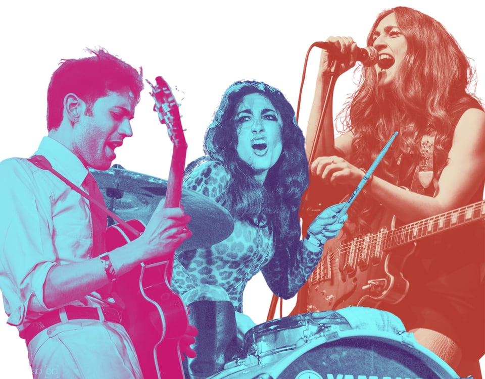 Ein Collage für die Veranstaltung von KITTY, DAISY & LEWIS mit Fotos der Künstler in verschiedenen Farben auf weißem Hintergrund