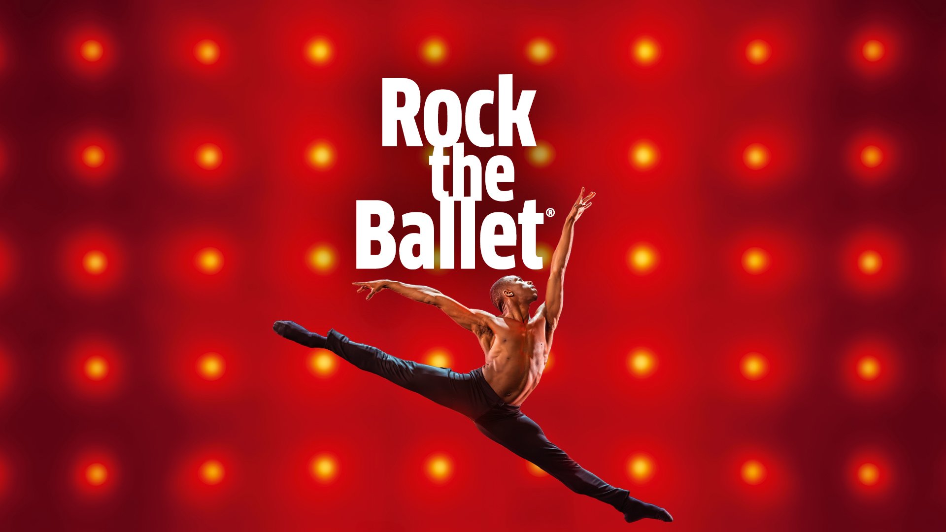 Keyvisual zum Event „Rock the Ballet“: Eine einzelne tanzende Person ist in einem dynamischen Sprung mit weit ausgestreckten Beinen vor rotem Hintergrund mit leuchtenden Lichtpunkten dargestellt. Über der Szene steht der Schriftzug „Rock the Ballet“ in weißer Schrift. Die Darstellung vermittelt Bewegung, Energie und moderner Tanzästhetik.