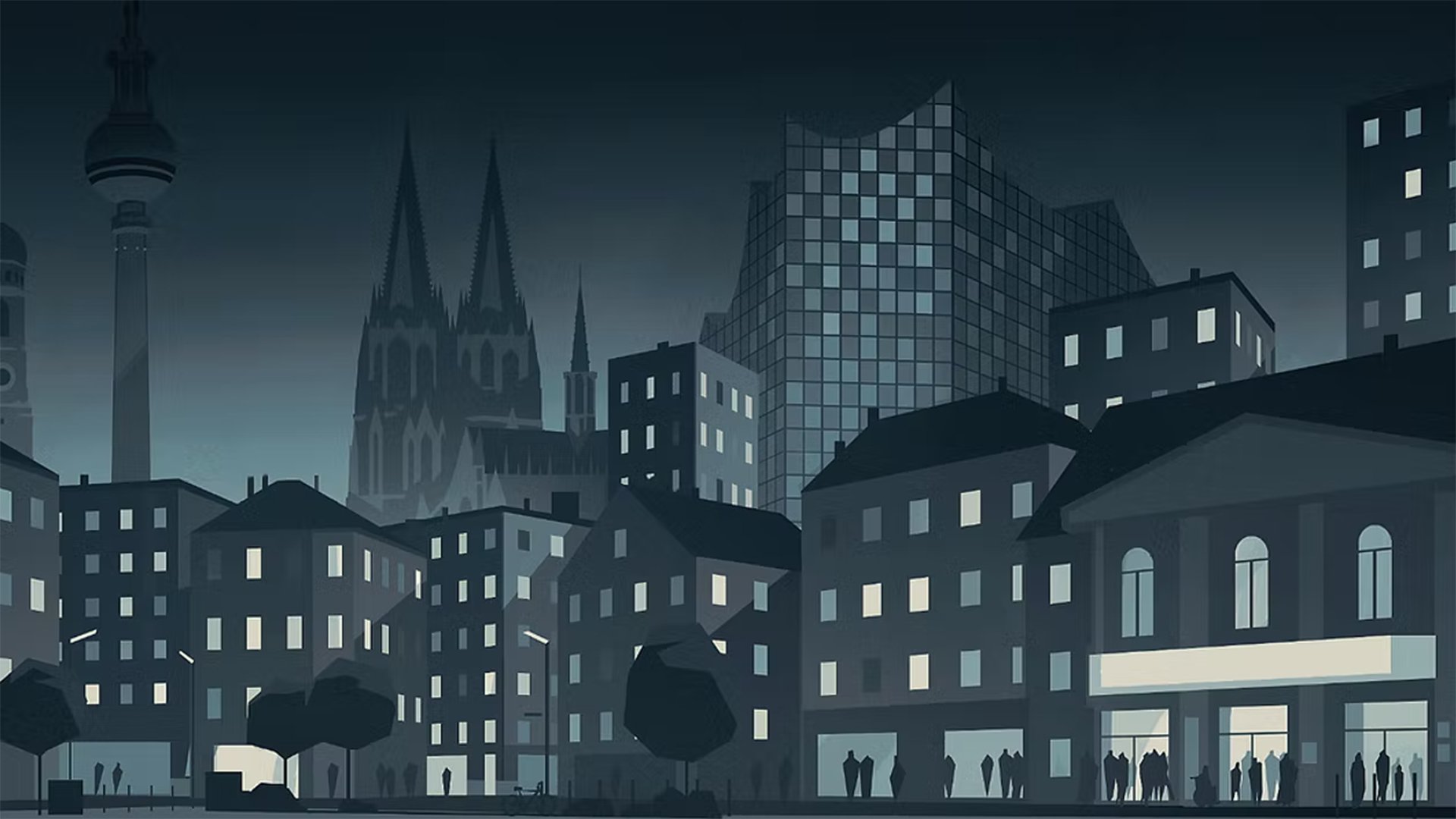 Eine Grafik einer Stadt mit beleuchteten Fenstern, einem Fernsehturm, Kirche und Hochhaus 