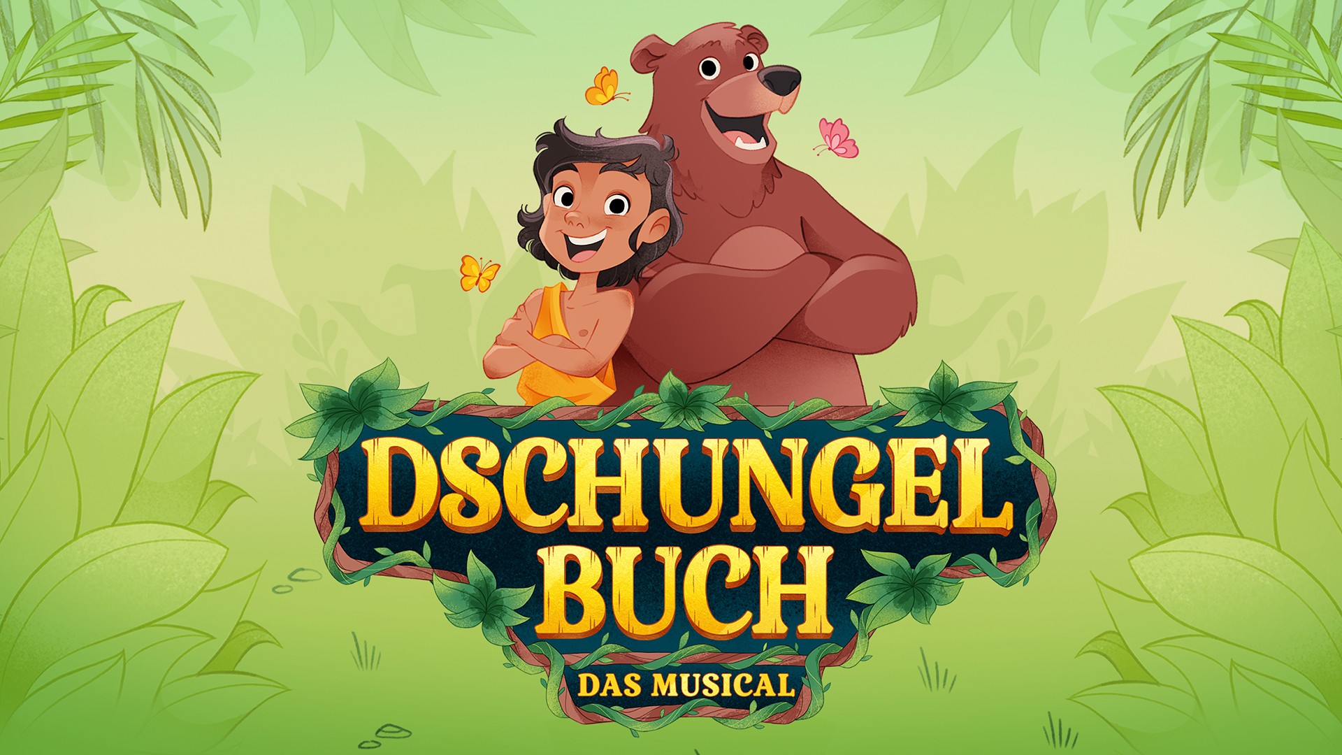 Illustration zu Dschungelbuch Das Musical mit Cartoon Figuren vor gruenem Dschungelhintergrund und zentralem Logo, umgeben von Blaettern und Schmetterlingen.