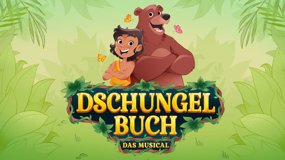 Illustration zu Dschungelbuch Das Musical mit Cartoon Figuren vor gruenem Dschungelhintergrund und zentralem Logo, umgeben von Blaettern und Schmetterlingen.