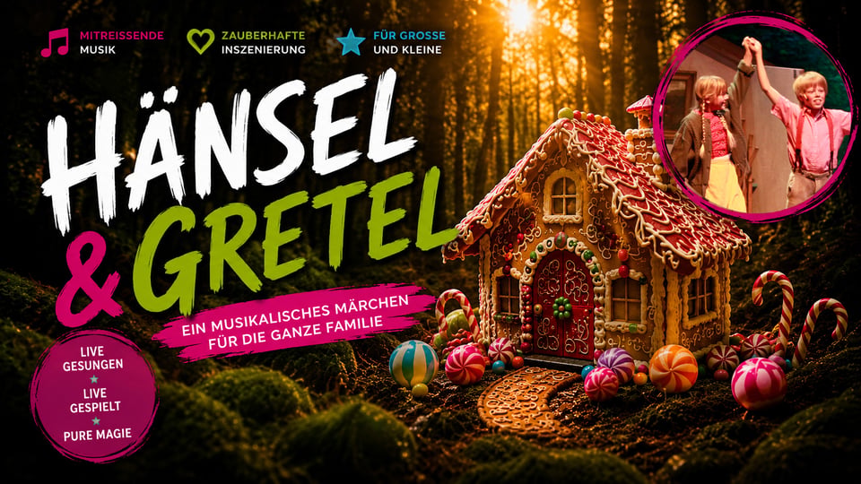 Werbegrafik für „Hänsel & Gretel – Ein musikalisches Märchen für die ganze Familie“: In einem märchenhaften Wald steht ein reich verziertes Lebkuchenhaus, umgeben von bunten Süßigkeiten. Rechts ist eine Szene mit zwei Kindern aus einer Theateraufführung zu sehen. Die Grafik bewirbt das familienfreundliche Live-Musical mit mitreißender Musik und zauberhafter Inszenierung.