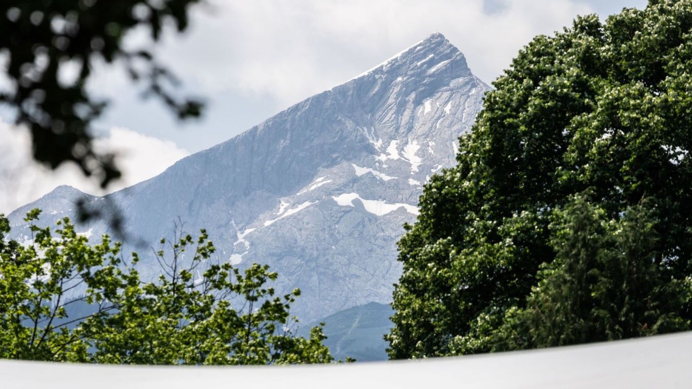 Alpine Landschaftsaufnahme mit einem markanten, felsigen Berggipfel im Hintergrund, teilweise von Schneefeldern bedeckt. Im Vordergrund rahmen grüne Laubbäume und Blattwerk die Szene ein. Diffuses Tageslicht und leichter Dunst verleihen dem Bild eine ruhige, natürliche Atmosphäre und betonen die Weite der Berglandschaft.