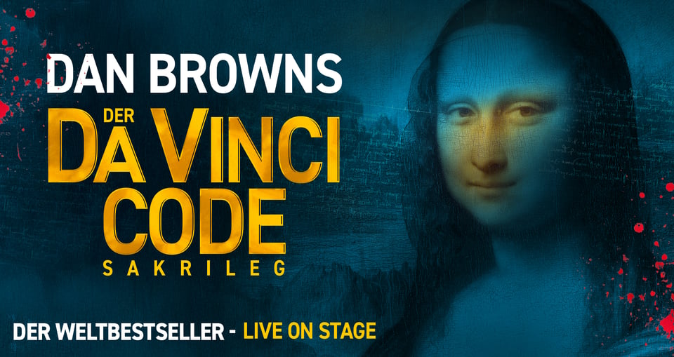 dunkelbalue Grafik mit Mona Lisa und gelber und weisser Aufschrift 