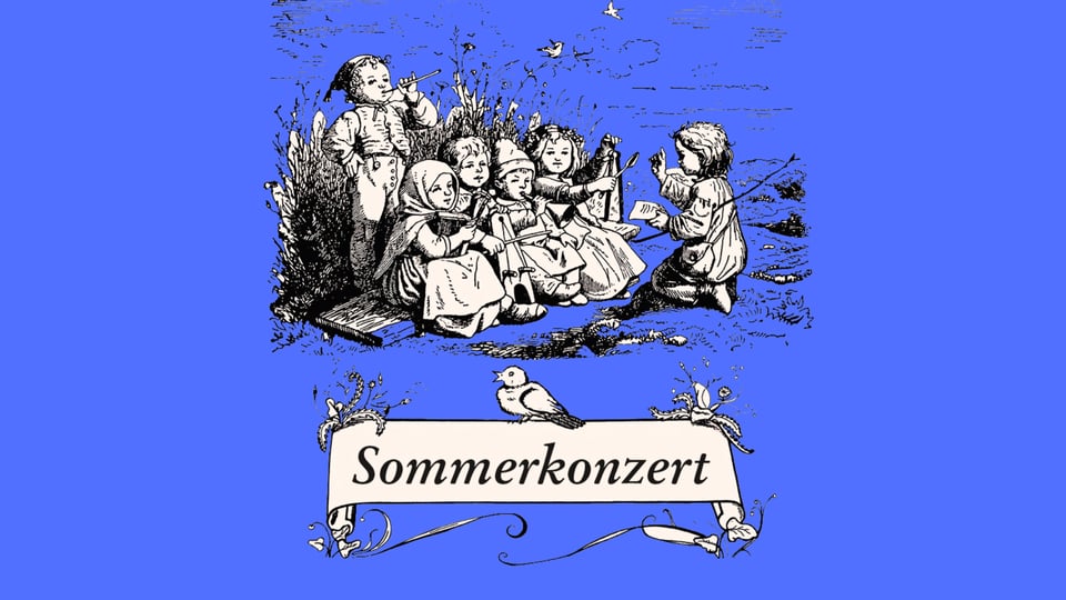 Illustratives Eventmotiv zum Sommerkonzert: historische Schwarz‑weiß‑Zeichnung mit mehreren musizierenden Kindern in einer Naturkulisse, darunter ein verziertes Banner mit der Aufschrift „Sommerkonzert“. Kräftiger blauer Hintergrund, nostalgischer Illustrationsstil für eine Konzertankündigung.