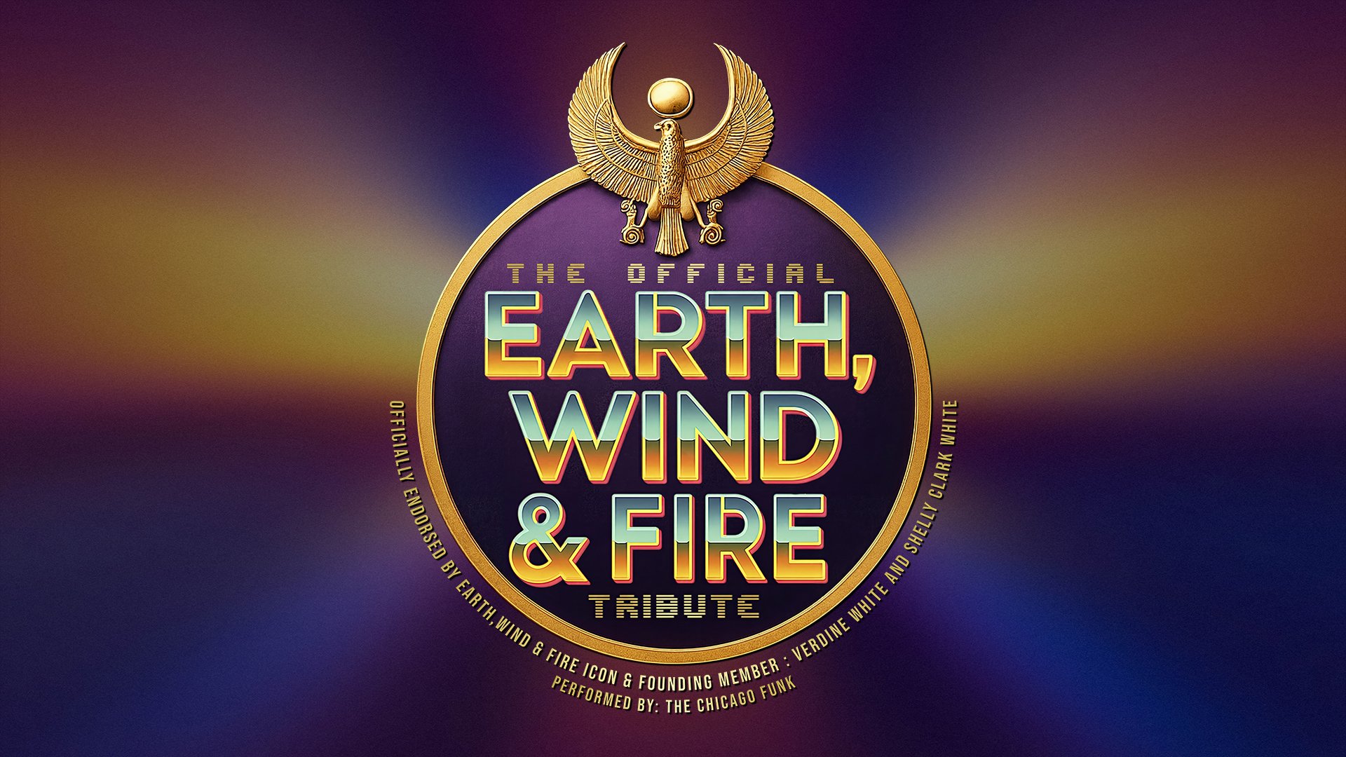 Plakat The Official Earth, Wind & Fire Tribute mit rundem Emblem auf violett goldenem Hintergrund, gekrönt von einem goldenen Falkensymbol, sowie dem Schriftzug Earth, Wind & Fire Tribute und dem Hinweis auf The Chicago Funk.