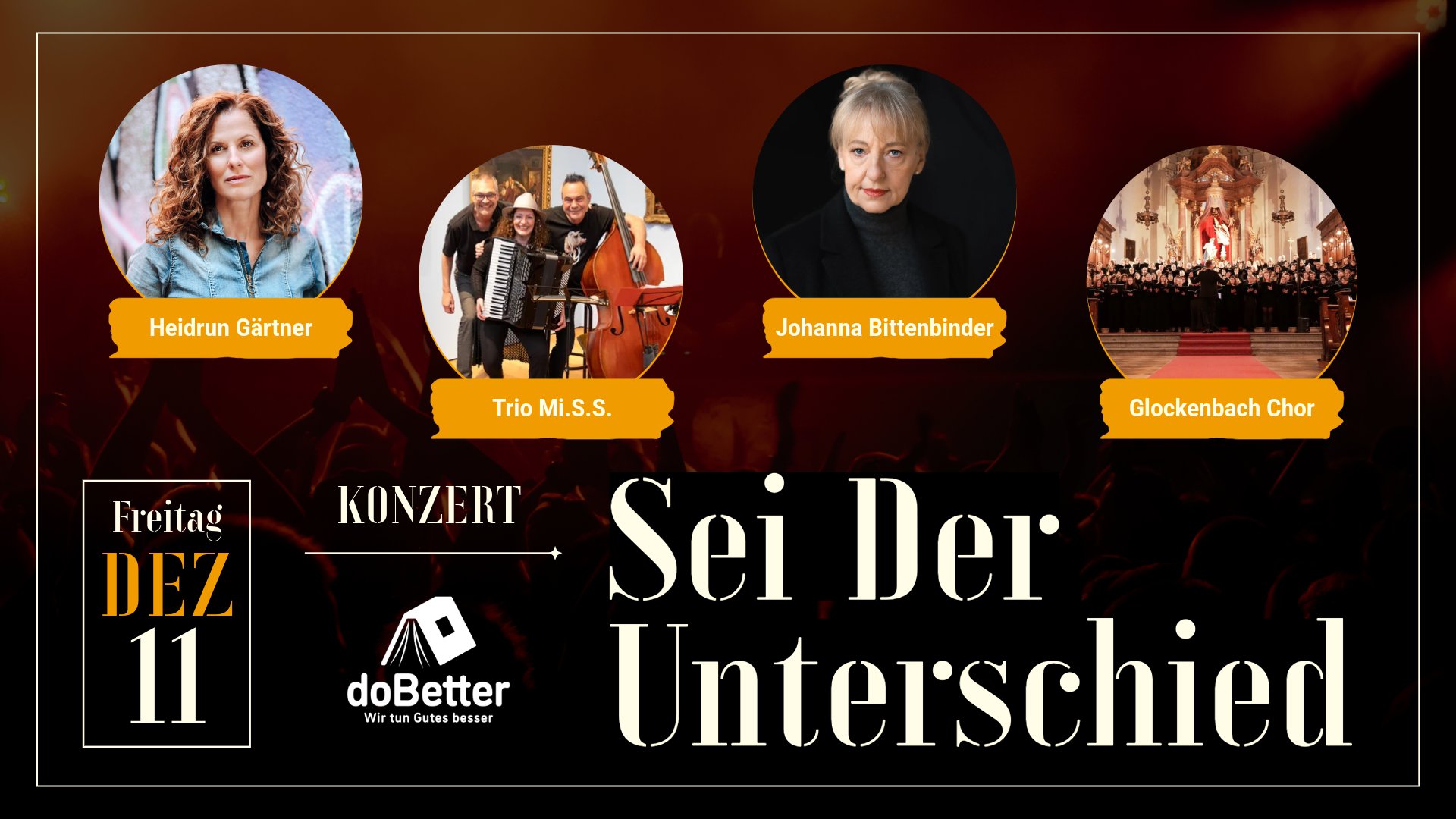 Plakat zur Veranstaltung Sei Der Unterschied mit vier runden einzelnen Bildern derTeilnehmer und des Veranstaltungsortes sowie Banner mit deren Namen in gelb