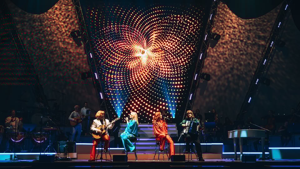 Aquí tienes un **Alt-Text en alemán**, optimizado para CMS de eventos y accesible 👇  ---  Mehrere Künstler der Show **ABBAMANIA THE SHOW** sitzen und performen auf einer beleuchteten Bühne, begleitet von Live-Musikern; im Hintergrund eine große LED-Lichtinstallation mit rot leuchtendem, spiralförmigem Muster.