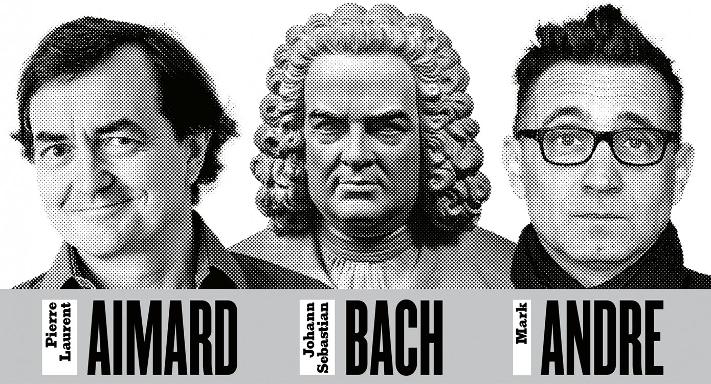 das Plakat der Veranstaltung mit zwei Männern und dem Kopf einer Statue.  Das Foto ist in schwarz-weiß mit einem Effekt.