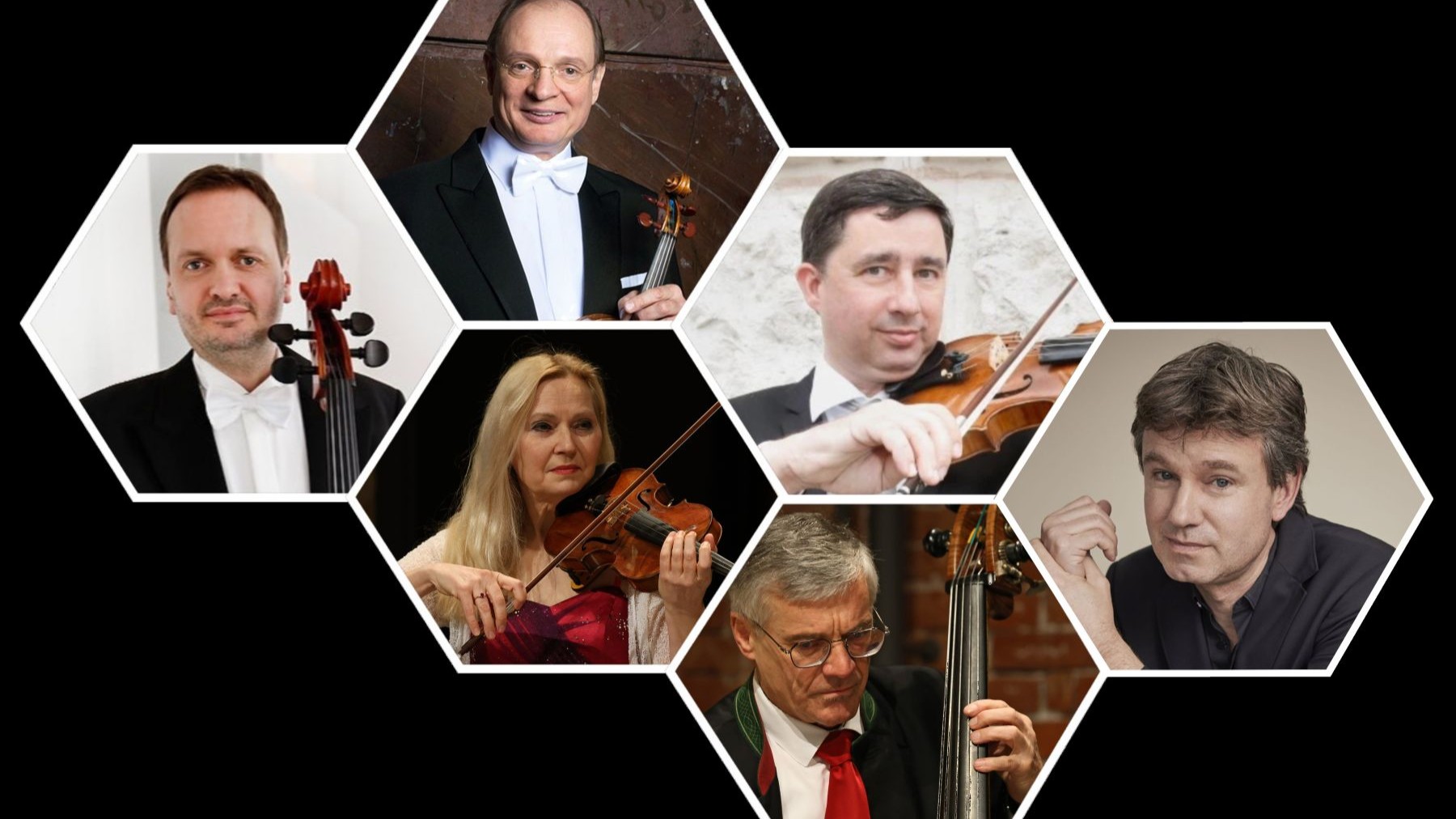 Collage aus sechs Porträts von Musikerinnen und Musikern der Nymphenburger Streichersolisten sowie Pianist Julian Riem in hexagonalen Rahmen, einige mit Streichinstrumenten wie Violine und Kontrabass, vor schwarzem Hintergrund.