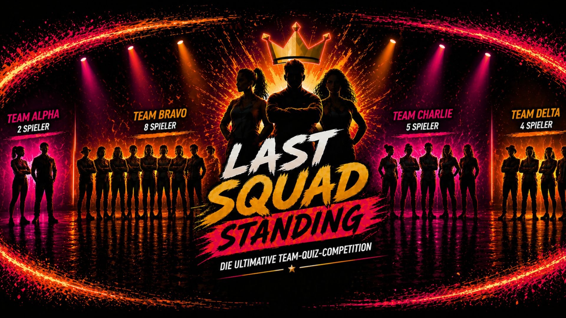 Bunte Eventgrafik mit Bühne und Lichteffekten; in der Mitte der Schriftzug Last Squad Standing, daneben Silhouetten mehrerer Teams mit Angaben zu Spielerzahlen für Team Alpha, Bravo, Charlie und Delta