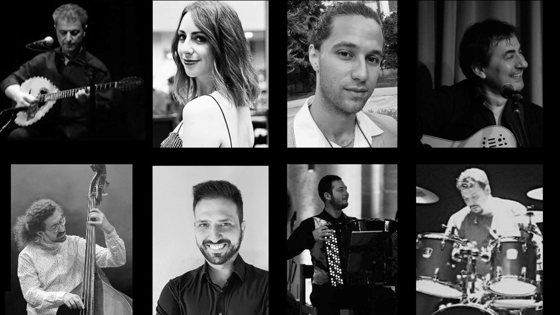 Schwarz-weißes Eventfoto für „Griechischer Liederabend“ mit einer Collage aller Künstler.