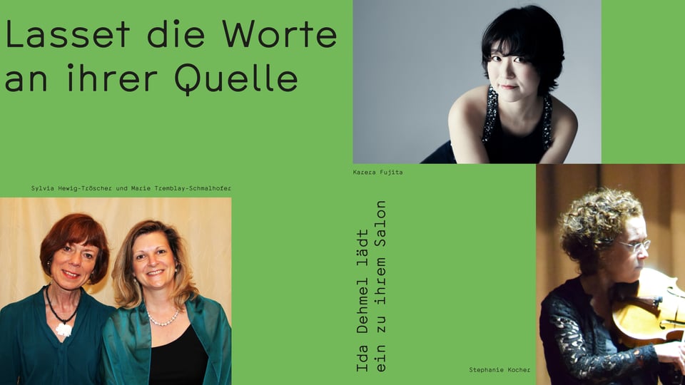 Collage dreier Künstlerinnen auf grünem Hintergrund mit schwarzer Schrift, welche den Veranstaltungstitel darstellt.