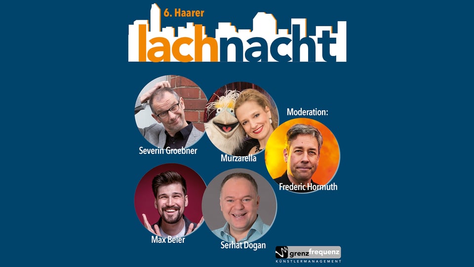 Collage in blau mit Fotos von fünf Künstlern sowie Aufschrift