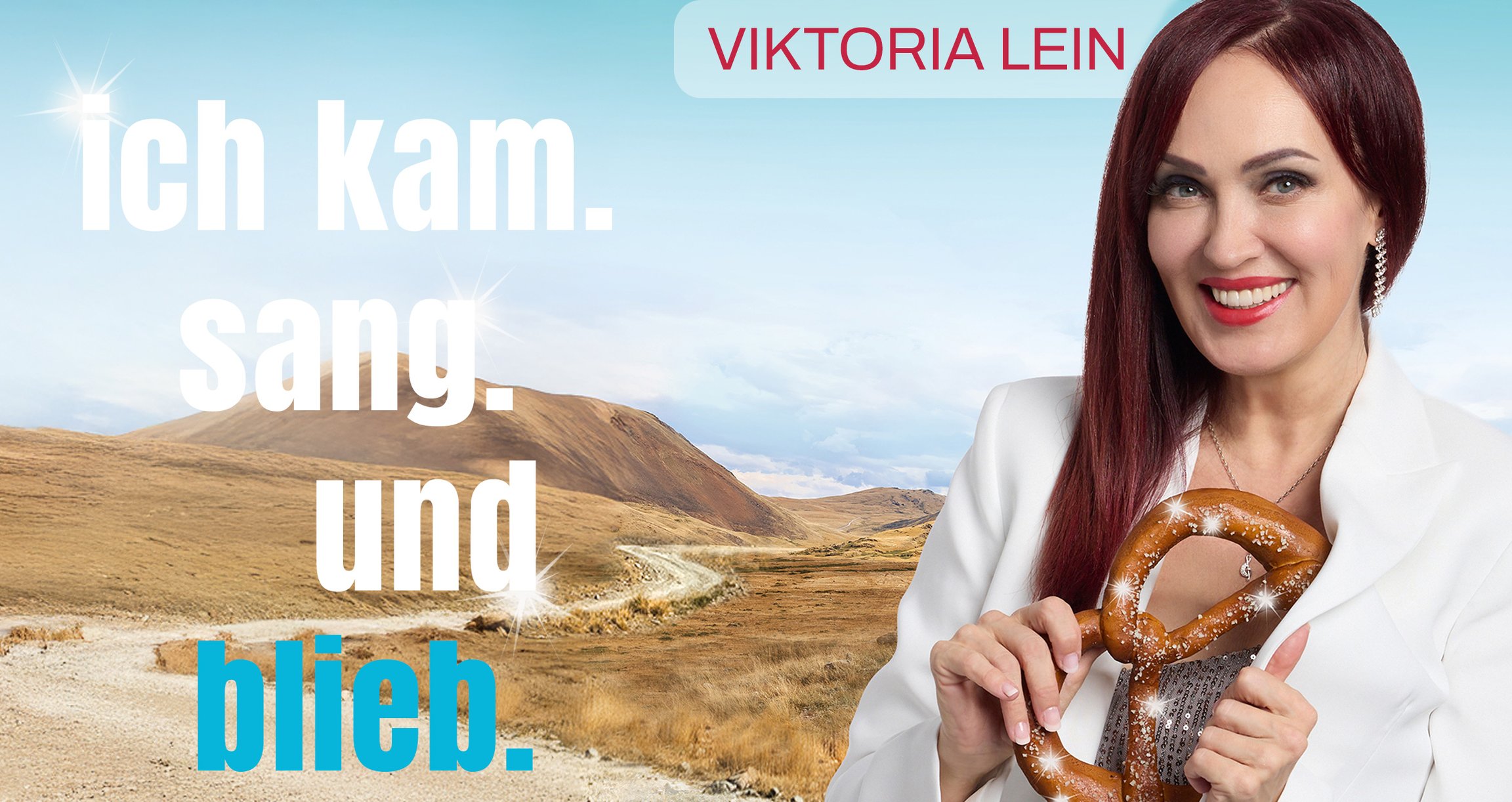 Frau in weißer Kleidung mit Breze in der Hand vor einer Landschaft