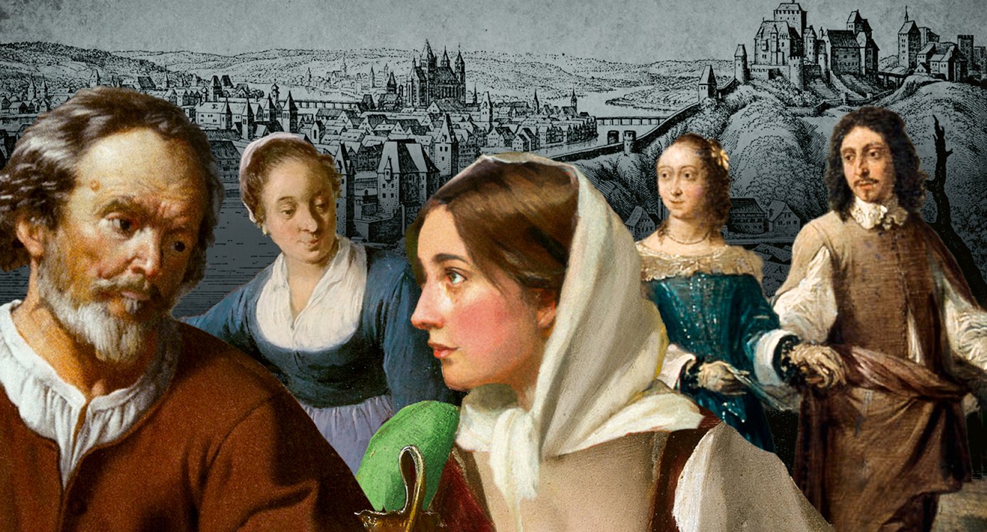 das Cover von Oliver Pötzschs Buch „Die Henkerstochter“. Es zeigt Abbildungen von fünf mittelalterlichen Figuren und im Hintergrund eine Burg mit grauer Stadtmauer und Stadt. Collage-Stil