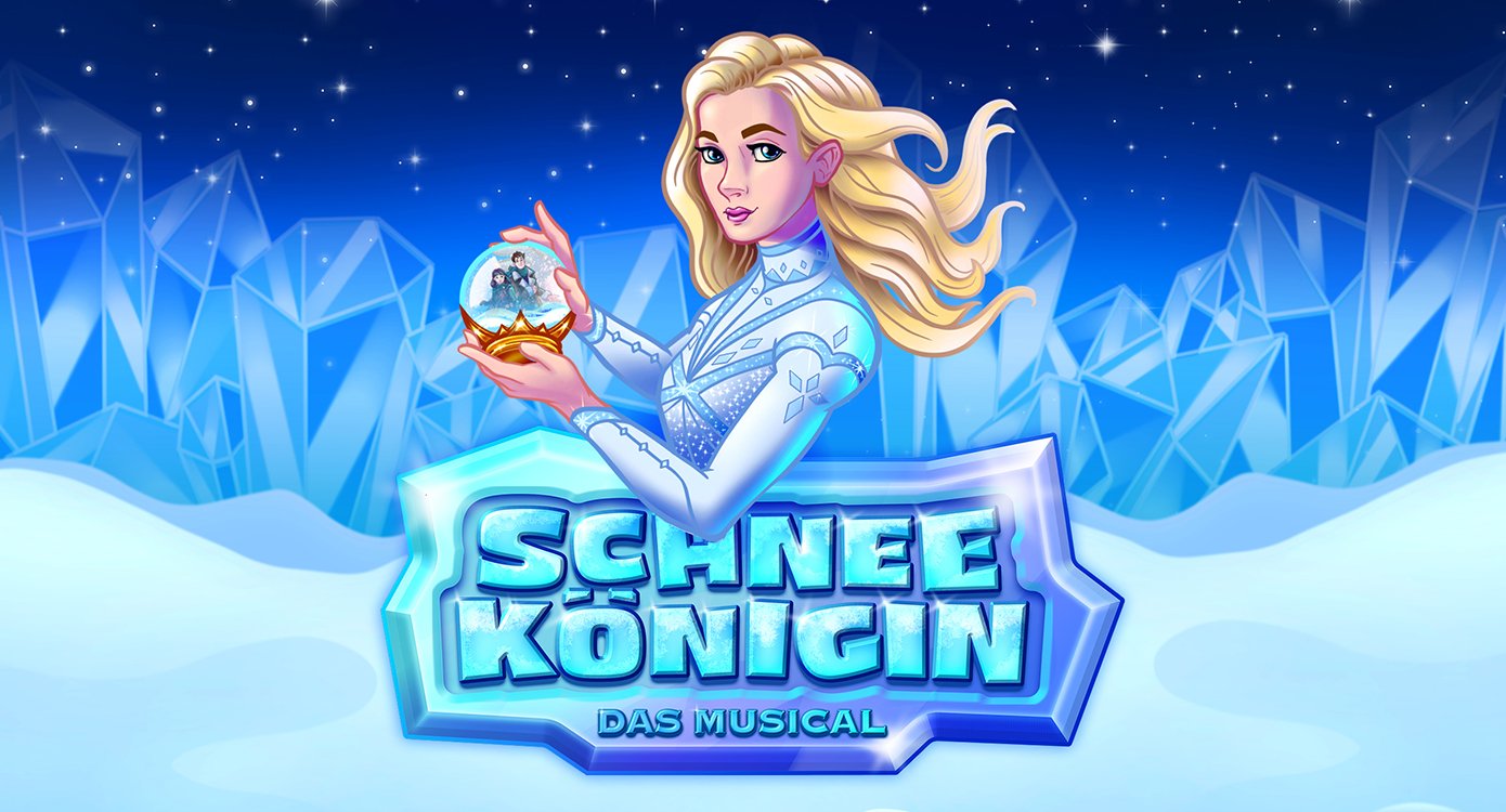 Das Veranstaltungsplakat mit einer Illustration der Schneekönigin, die eine Schneekugel in den Händen hält. Im Hintergrund eine verschneite Landschaft mit Kristallen