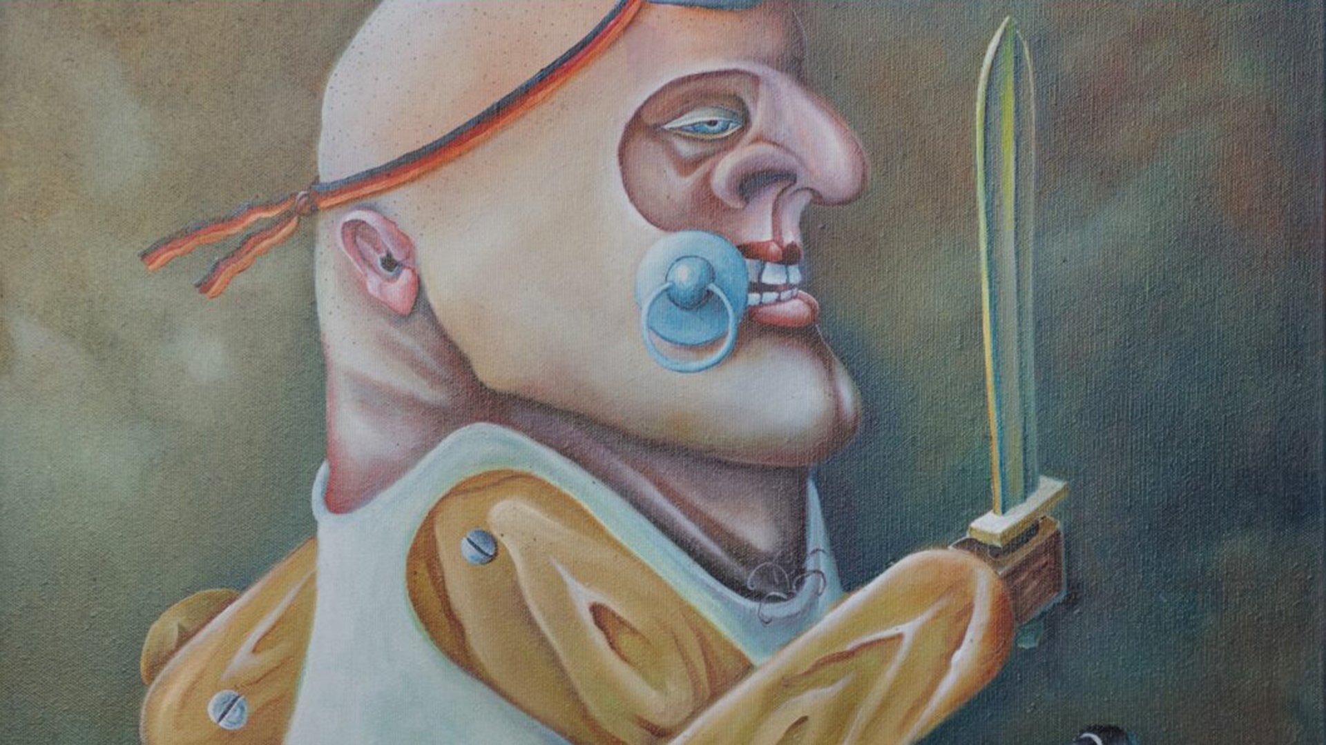Gemälde einer stilisierten Figur im Profil mit markantem Gesicht und Kopfbedeckung, hält ein Schwert, künstlerisches Bild im surrealen Stil für ein Theaterprojekt Macbeth Reloaded.