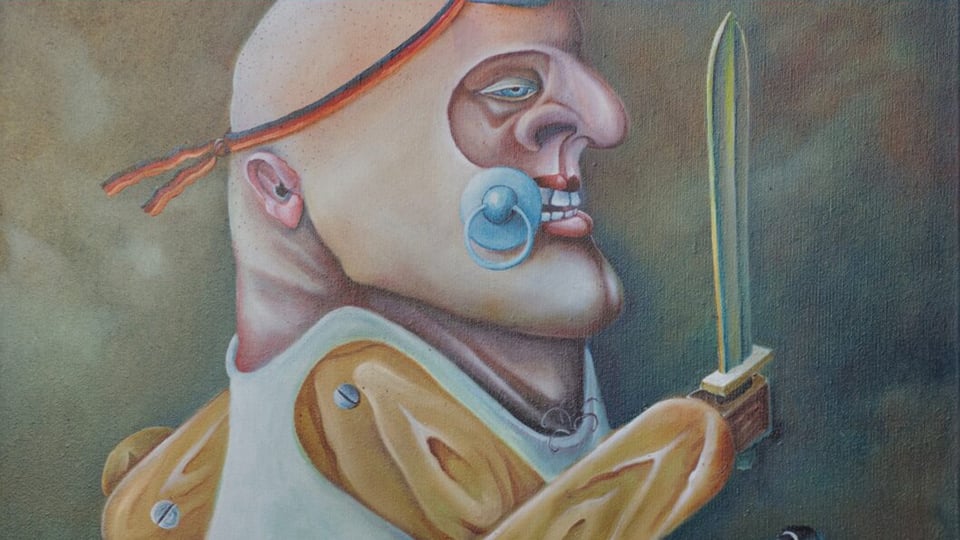 Gemälde einer stilisierten Figur im Profil mit markantem Gesicht und Kopfbedeckung, hält ein Schwert, künstlerisches Bild im surrealen Stil für ein Theaterprojekt Macbeth Reloaded.