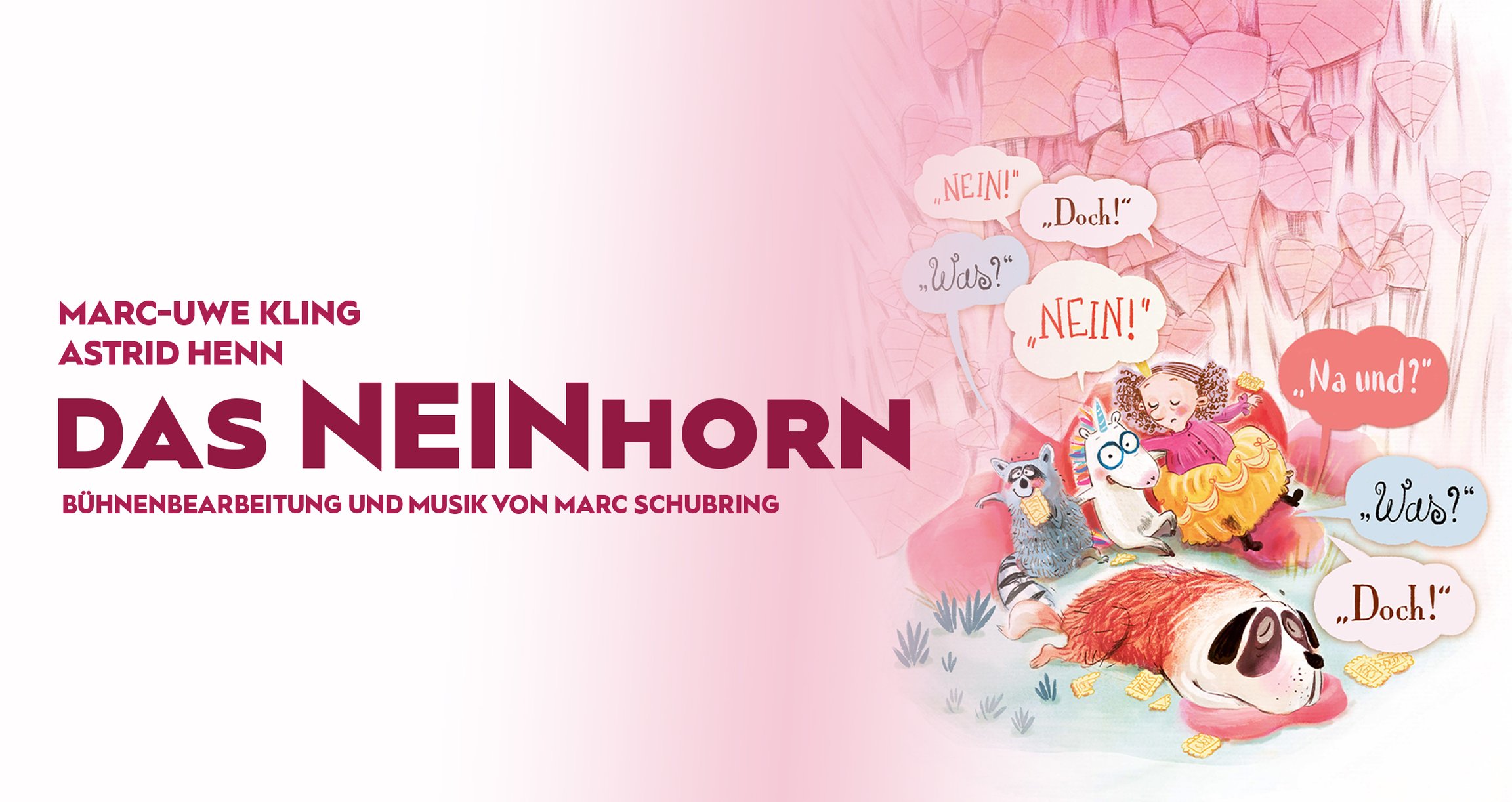 das Plakat der Veranstaltung mit einer Illustration auf der rechten Seite mit einigen Tieren und einem Mädchen. Auf der anderen Seite eine Typografie in Burgunderrot. Das ganze Plakat hat rosa Töne