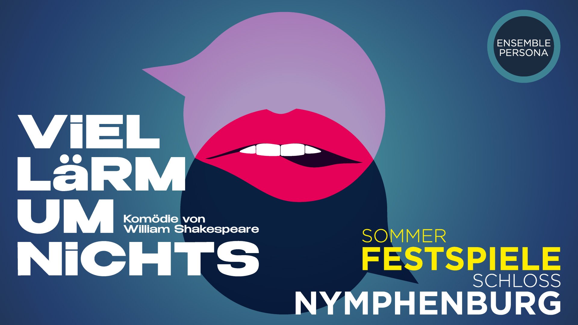 Foto für die Veranstaltung Viel Lärm um Nichts mit einer Illustration, die zwei Figuren zeigt, die zusammen einen Mund bilden, sowie weißer Typografie auf blauem Hintergrund.