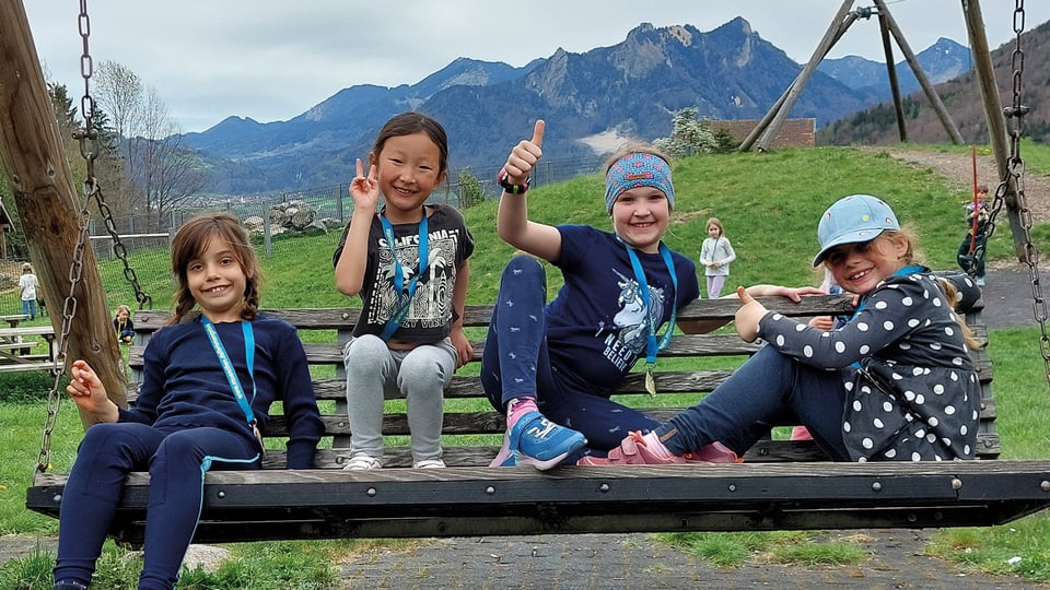 Vier Kinder auf einer Schaukel, im Hintergrund Wiese und Berglandschaft