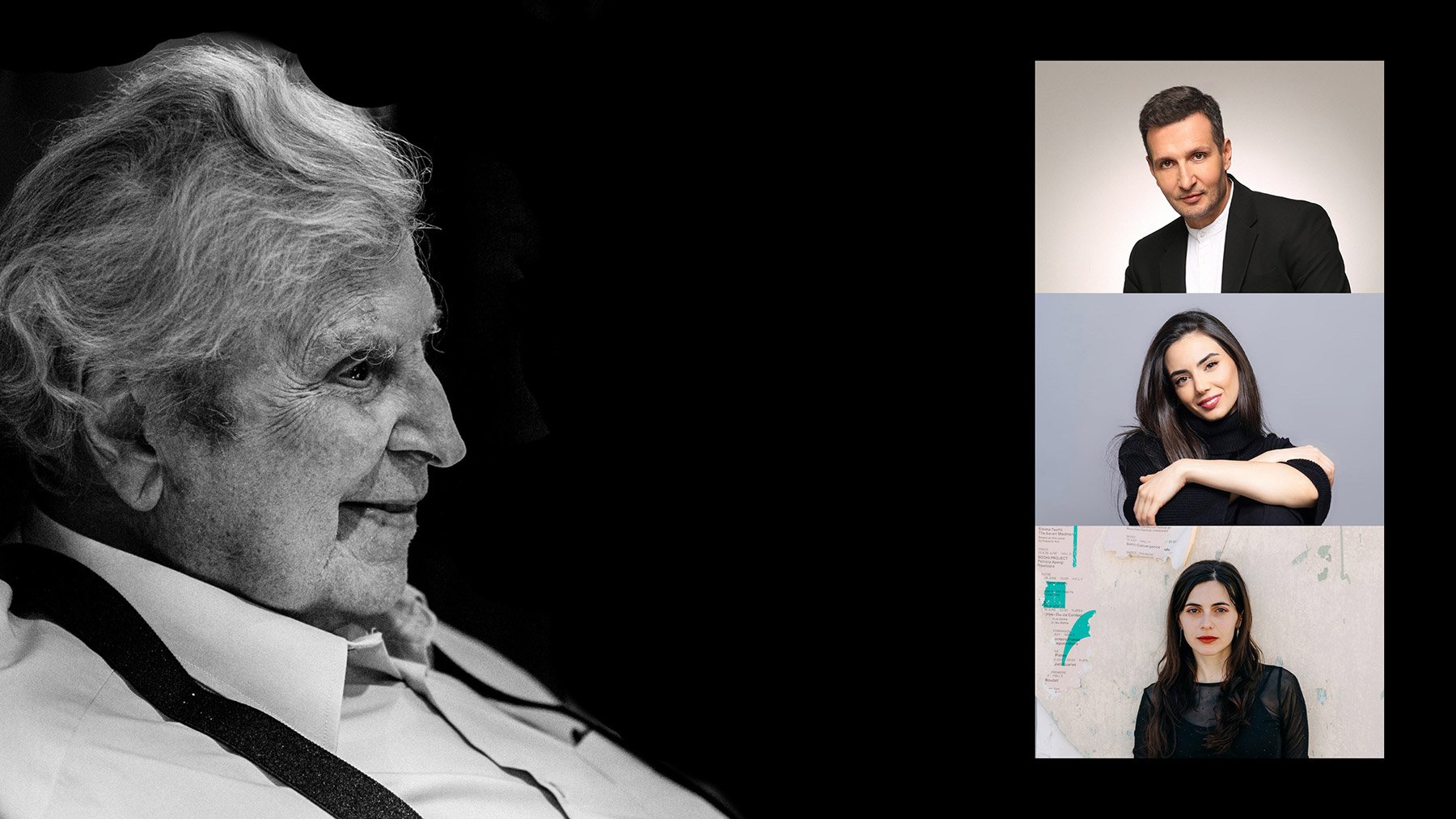 Collage mit Mikis Theodorakis und Künstlern – Porträts vor schwarzem Hintergrund
