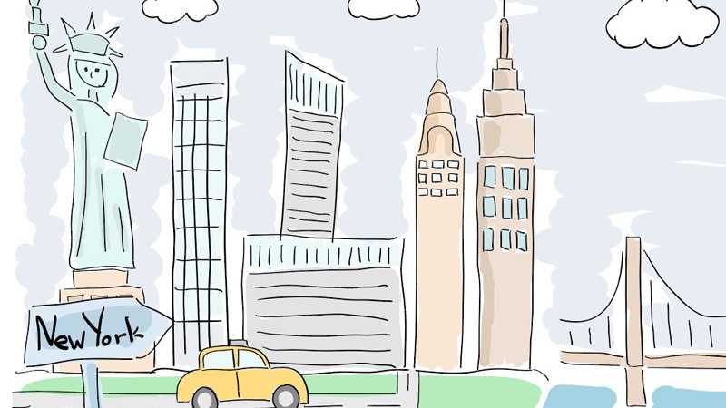 Kinderstil-Illustration für die Veranstaltung „Aus der Neuen Welt“ mit hohen Gebäuden, der Freiheitsstatue und einer an New York erinnernden Skyline.