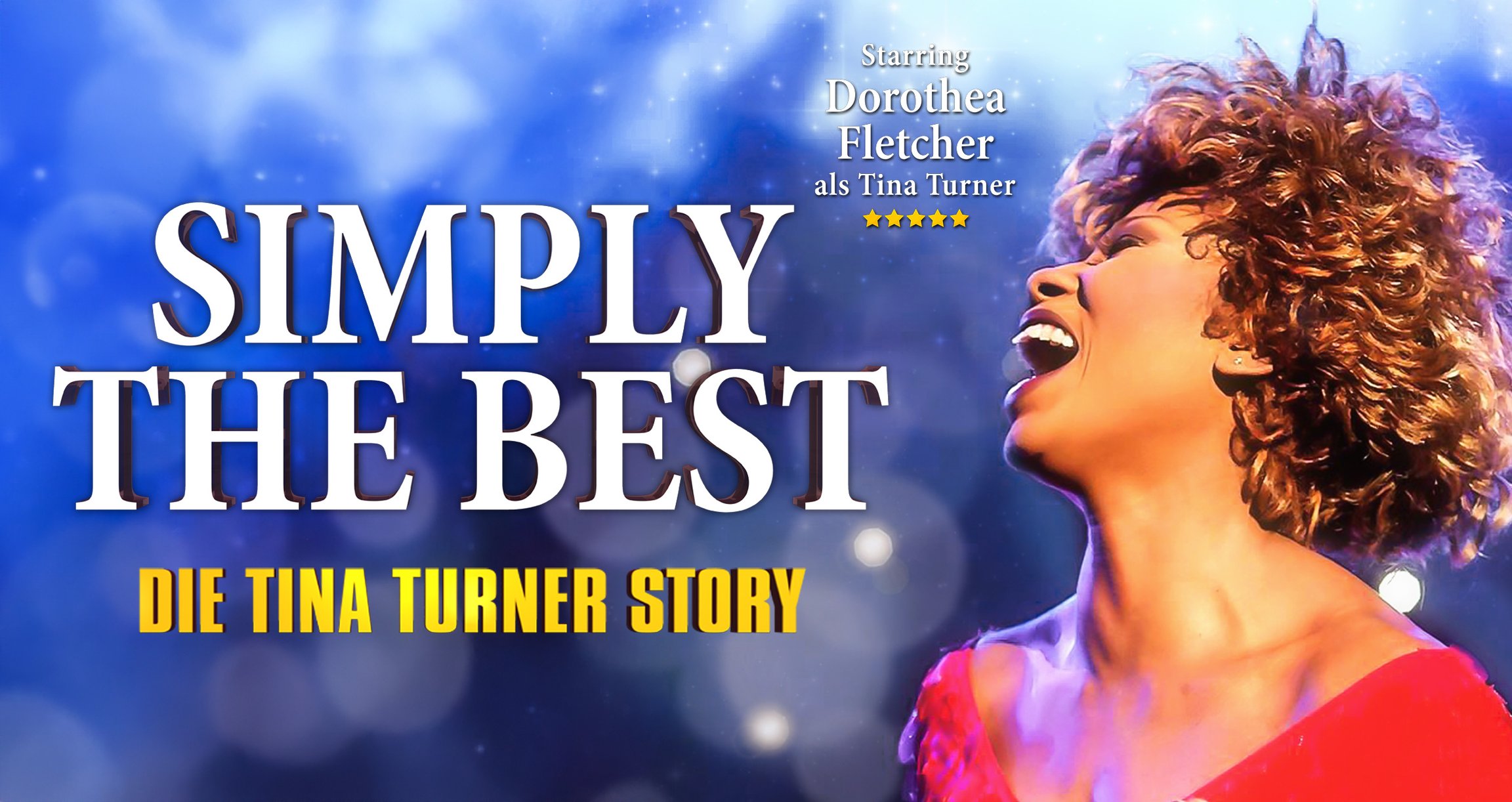 Tina Turner und Schrift vor blauem Hintergrund