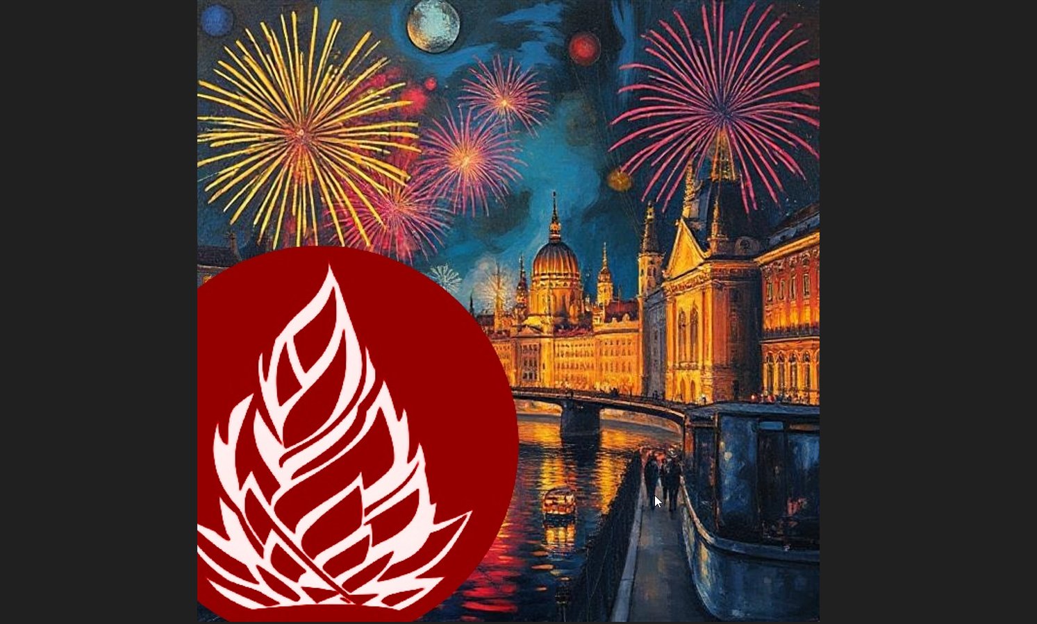 Illustration mit Feuerwerk an einem Fluß und Häuser und mit einem roten Kreis auf der linken Seite unten im Vordergrund