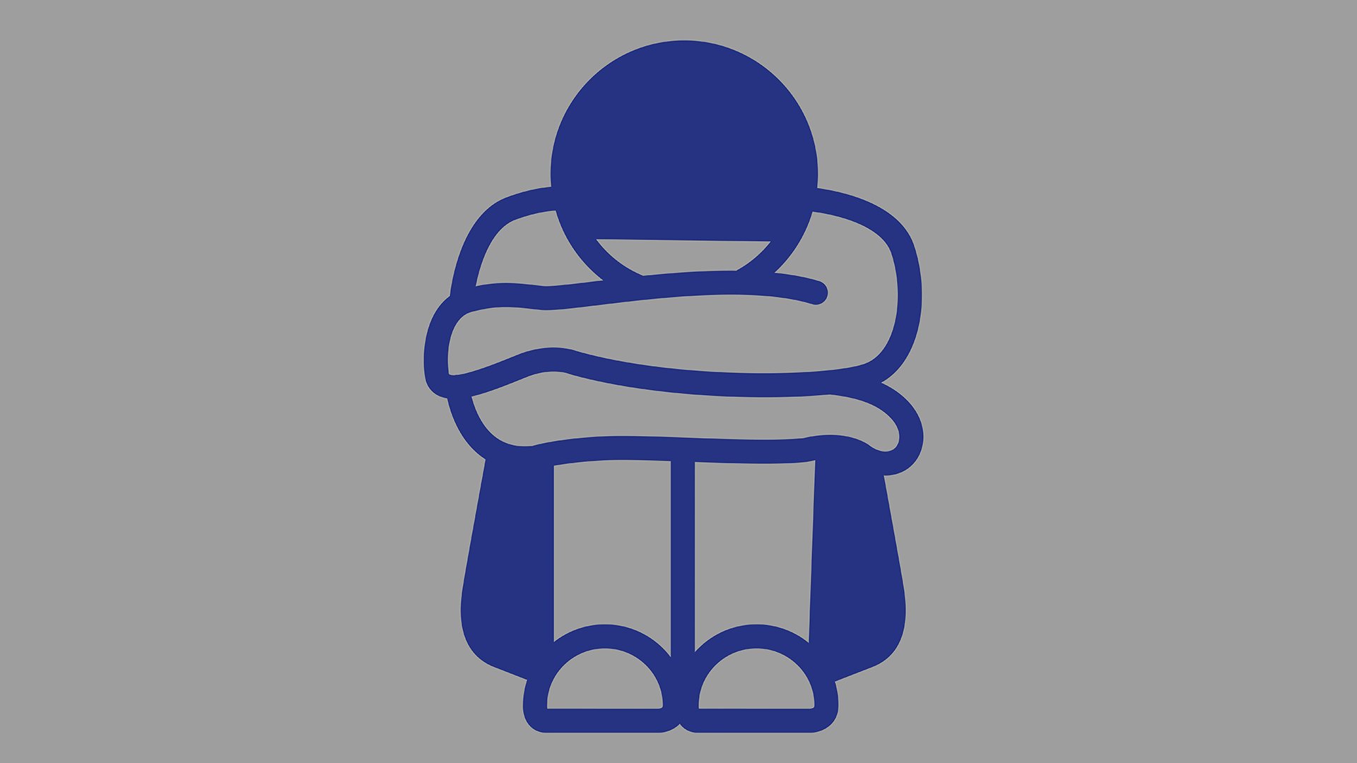 Illustration für die Veranstaltung ‚Mittwinter‘ mit einer Illustration aus blauen Linien, die eine Person darstellt, die mit dem Kopf zwischen den Knien sitzt, vor blauem Hintergrund.