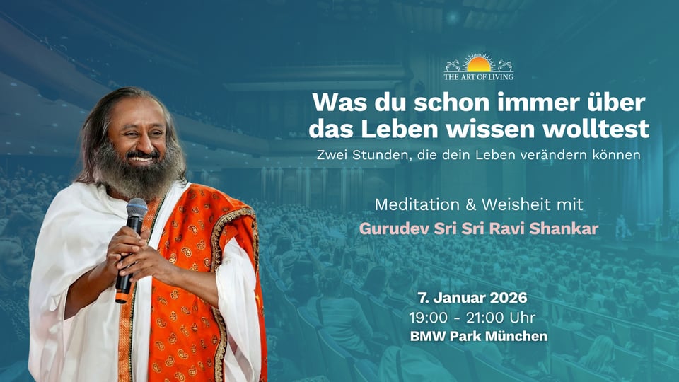 Was du schon immer über das Leben wissen wolltest – Veranstaltungsplakat mit Gurudev Sri Sri Ravi Shankar vor blauem Hintergrund und weißer Typografie