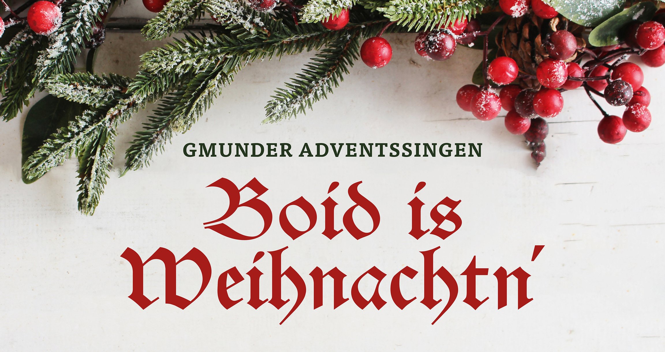 Veranstaltungsplakat „Adventssingen Gmund“ mit Weihnachtsblumen auf weißem Hintergrund. Text in rot und grün