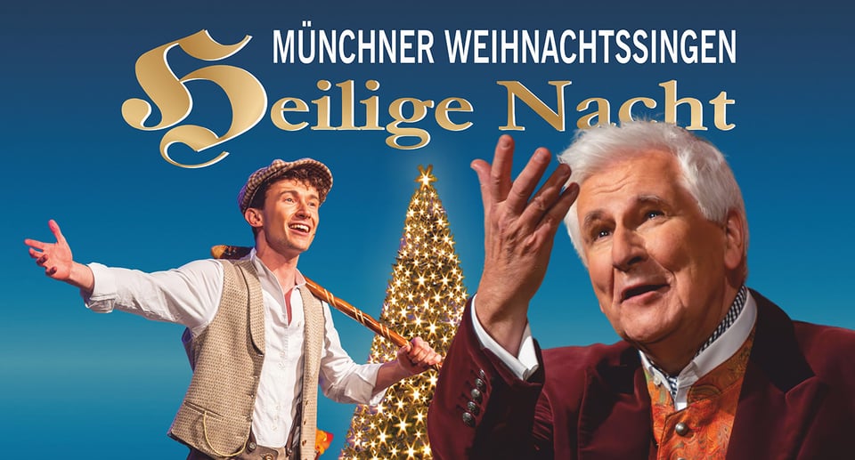 Plakat der Veranstaltung „Münchner Weihnachtssingen – Heilige Nacht 2025“ mit zwei Personen und weiß-goldener Typografie auf blauem Hintergrund