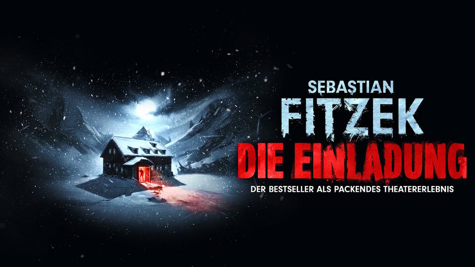 Verschneite Berghütte bei Nacht mit rotem Licht an der Tür und Titelgrafik in blau  und rot Die Einladung von Sebastian Fitzek