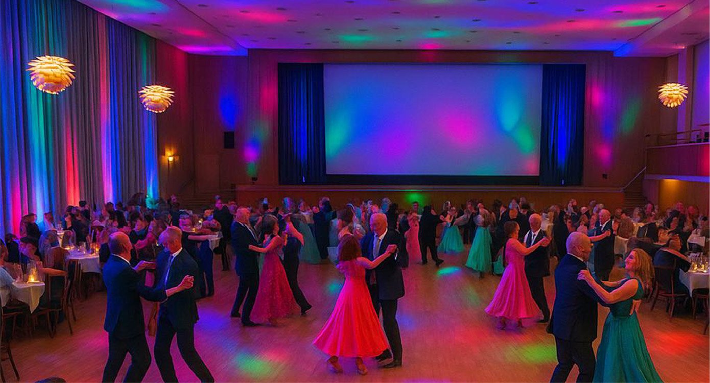 Tanzsaal mit Bühne und Tanzpaaren auf Tanzfläche in bunter Beleuchtung