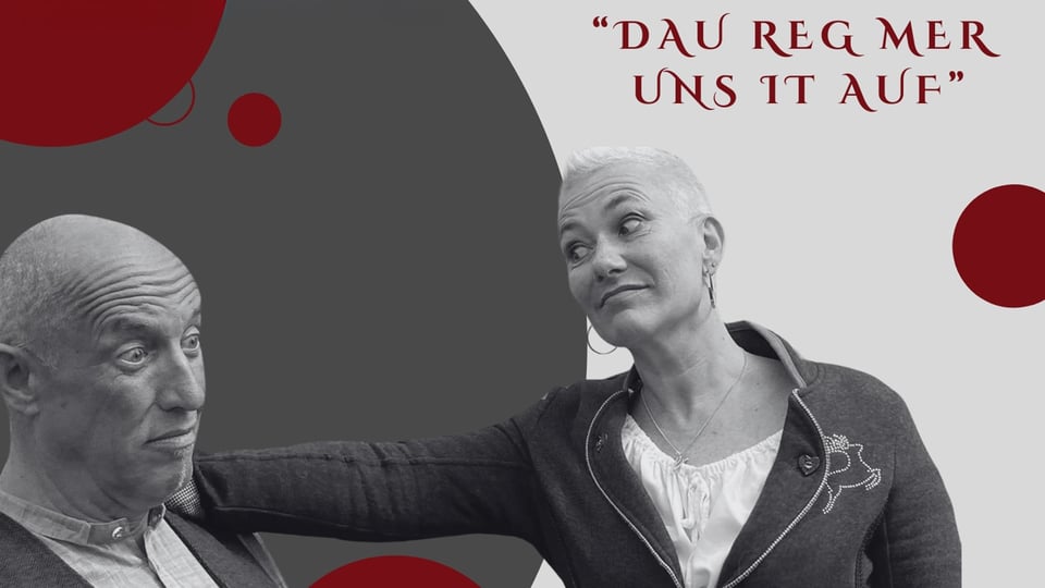 Zwei Personen nebeneinander vor grafischem Hintergrund mit roten Kreisen, Schwarz-Weiß-Porträt mit Schriftzug Dau reg mer uns it auf, Pressebild für ein Kabarettprogramm.