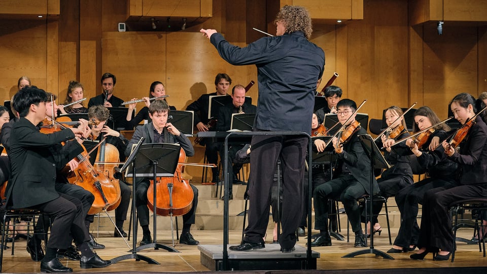 Foto für die Veranstaltung ‚Neujahrskonzerte des HSO München‘ mit dem Orchester und dem Dirigenten sowie den Instrumenten.