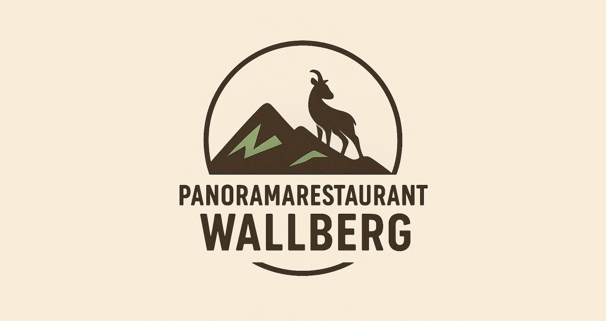 Das Logo des Panoramarestaurants Wallberg mit einer Ziege, einem Berg und beigem Hintergrund