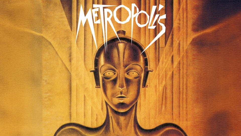 Klassisches Filmplakat von Metropolis mit dem ikonischen Maschinenmenschen vor abstrahierter Stadtarchitektur in goldenen Farbtönen.