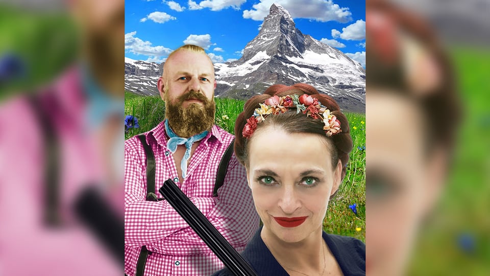 Plakat Cordula C. mit zwei Personen vor einer Alpenlandschaft mit blühender Wiese und Matterhorn im Hintergrund, eine Person in rosa kariertem Hemd mit Hosenträgern, die andere mit Blumenkranz im Haar und rotem Lippenstift im Vordergrund.