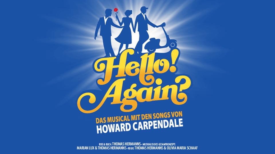 Plakat für die Veranstaltung Hello! Again? mit einer Illustration und gelber Typografie auf blauem Hintergrund