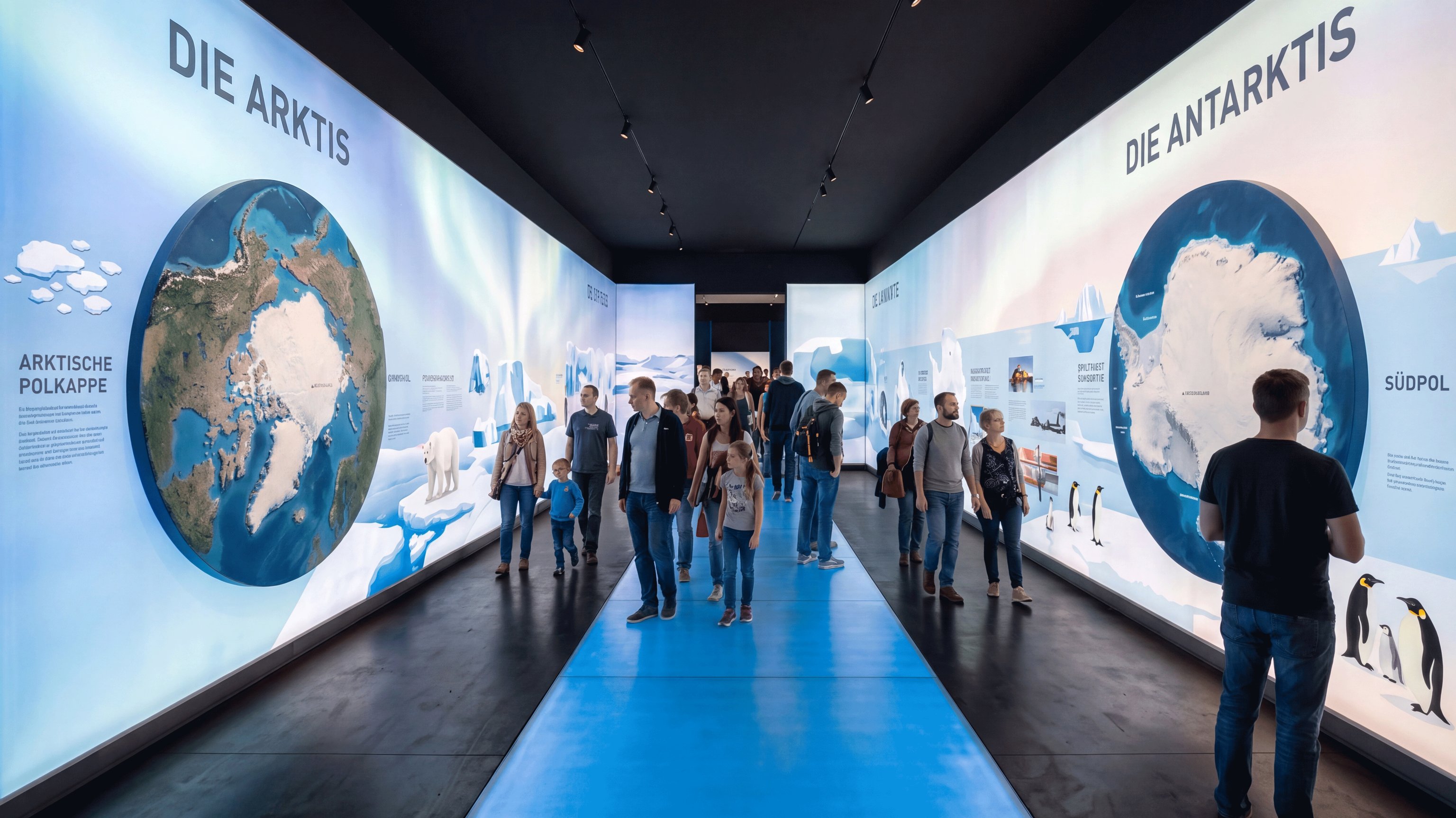 Ausstellungsbereich der Polarwelten mit großformatigen Karten der Arktis und Antarktis an gegenüberliegenden Wänden, Besucherinnen und Besucher bewegen sich entlang eines blauen Mittelgangs zwischen Informationstafeln, Modellen von Eisbären und Pinguinen sowie Darstellungen von Eislandschaften und Polarforschung.