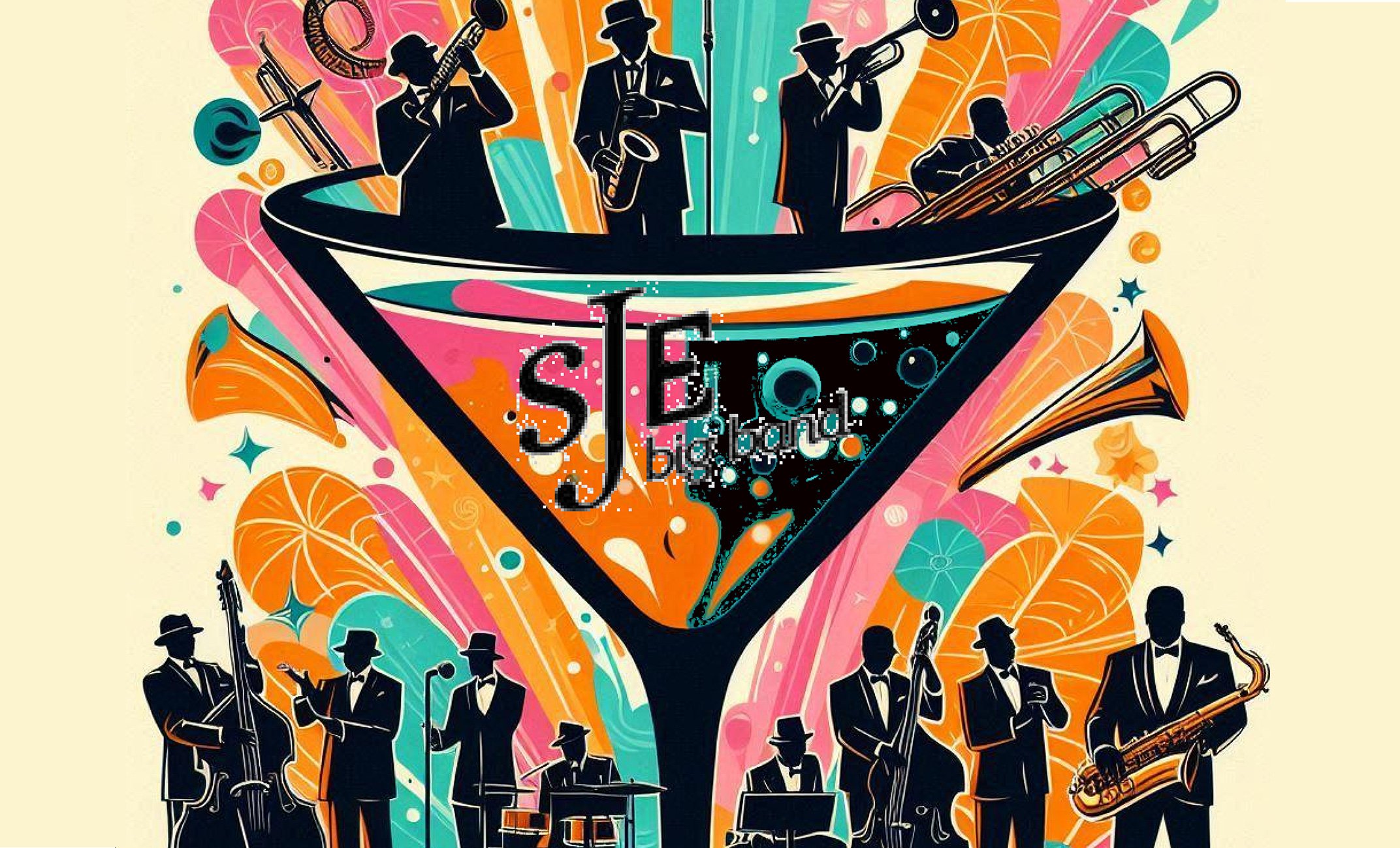 Plakat mit Bigbad als schwarze Figuren mit Cocktailglas vor bunten Motiven