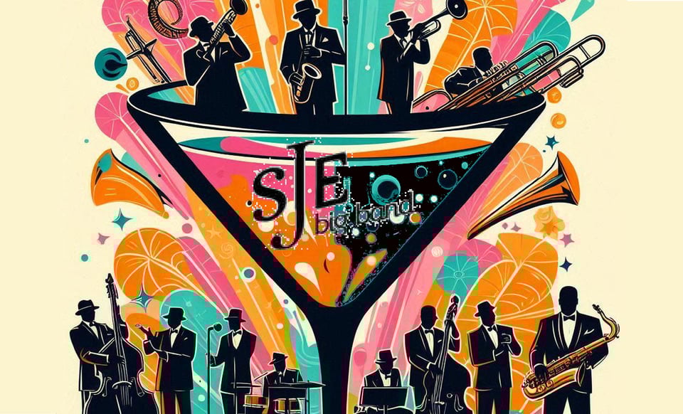 Plakat mit Bigbad als schwarze Figuren mit Cocktailglas vor bunten Motiven